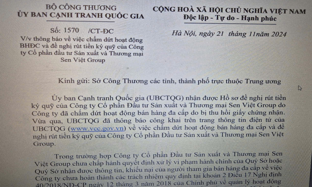  Chấm dứt hoạt động bán hàng đa cấp của Công ty Sen Việt Group